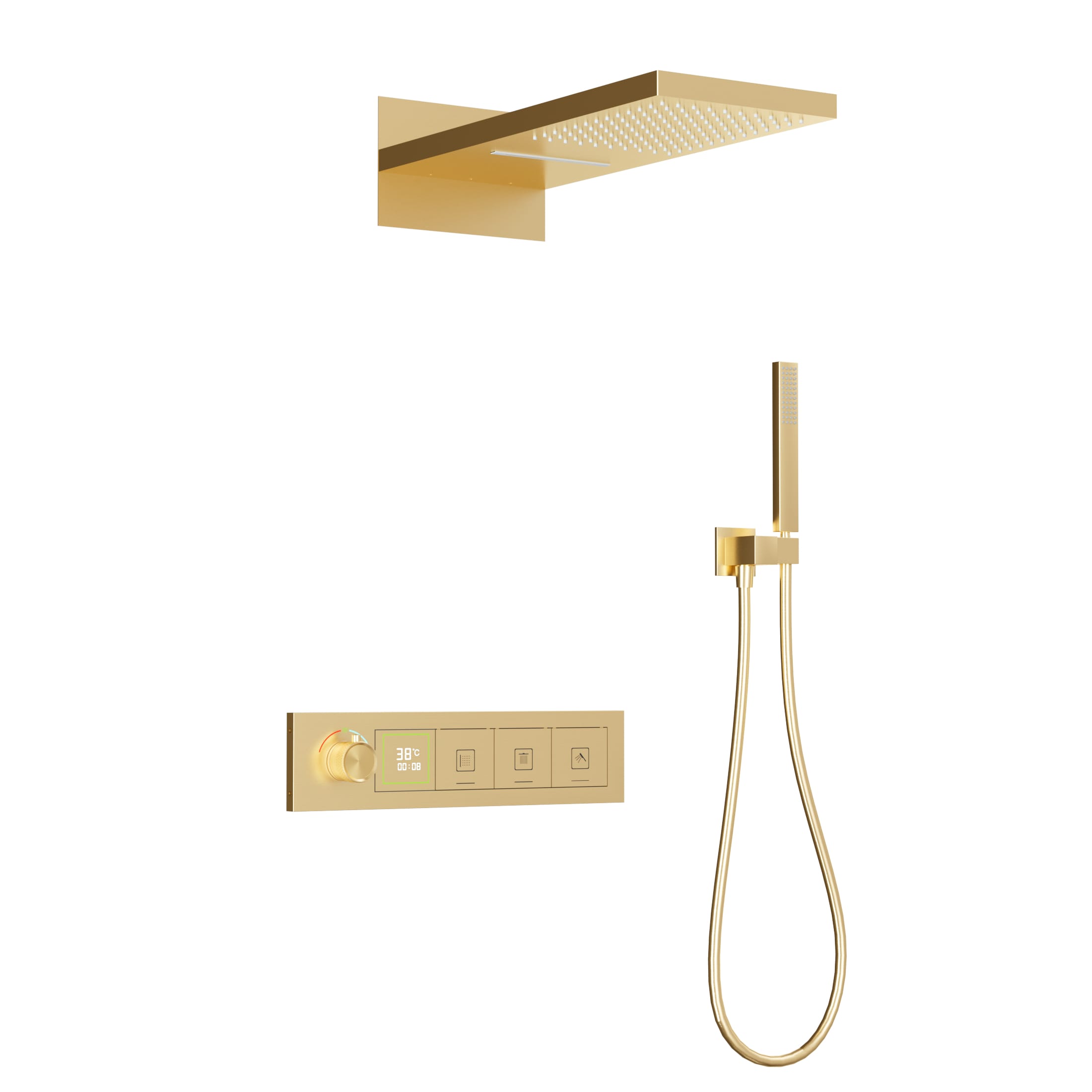 Xylivingstore Concealed Brass Thermostatic LED Display Shower Set – Ceiling Rainfall & Wall-Embedded Button Mixer for Bathroom or Hotel