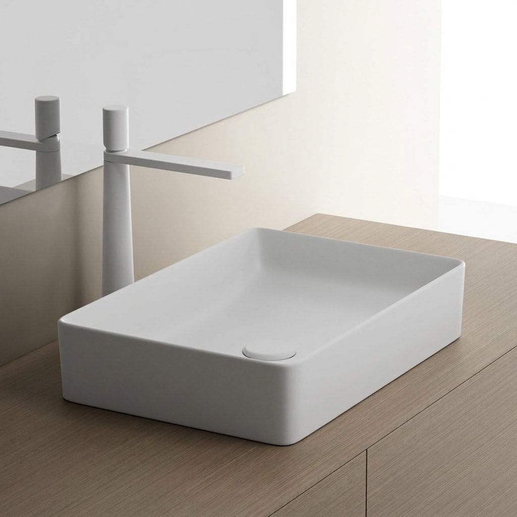 Minimalist Square Countertop Bathroom Sink, Matte White Ceramic Vessel Basin for Modern Bathroom Vanity