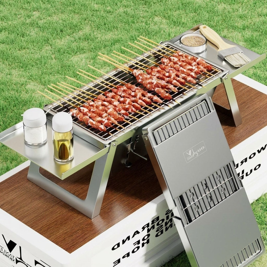 Portable Stainless Steel Charcoal Grill, Foldable Outdoor BBQ Grill for Camping, Picnic & Backyard Cooking