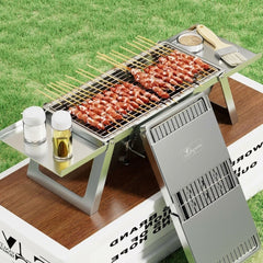 Portable Stainless Steel Charcoal Grill, Foldable Outdoor BBQ Grill for Camping, Picnic & Backyard Cooking