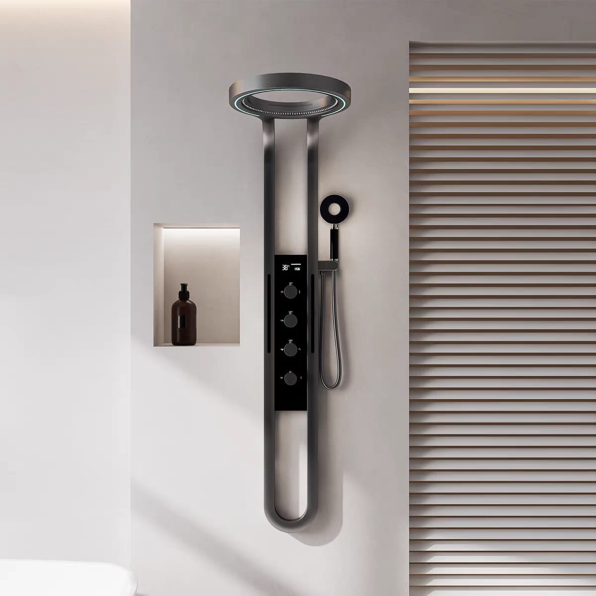 Luxury Ceiling Rainfall Shower System with LED Ambient Light & Digital Display, Copper Bathroom Shower Set with Booster Waterfall Spray Panel