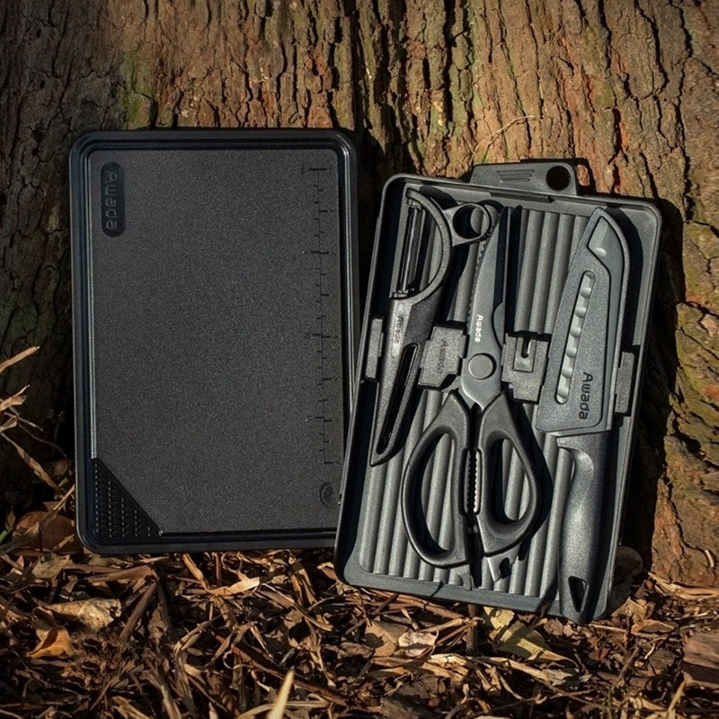 Portable Camping Cutting & Cooking Set, Multi-Function Outdoor Kitchen Kit with Knife, Scissors & Cutting Board