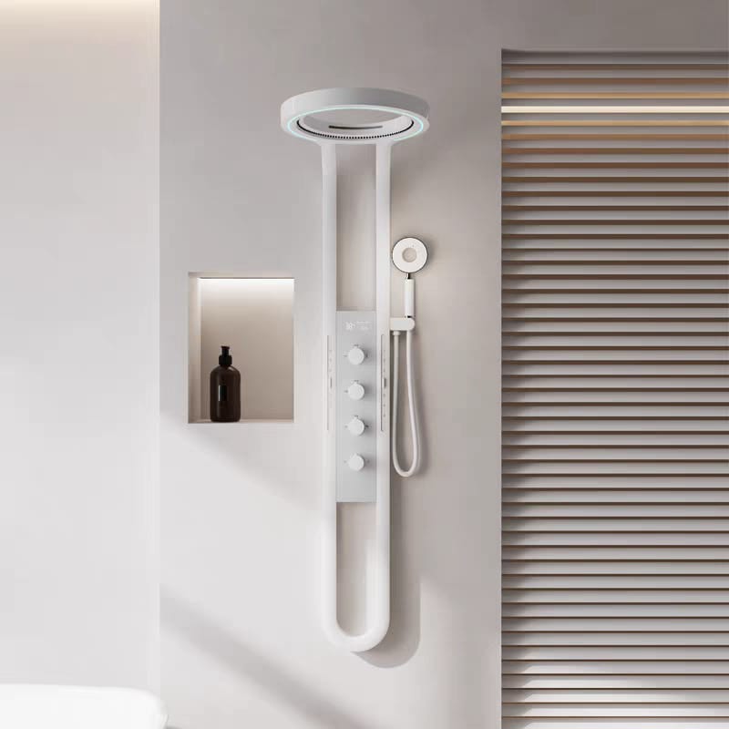 Luxury Ceiling Rainfall Shower System with LED Ambient Light & Digital Display, Copper Bathroom Shower Set with Booster Waterfall Spray Panel