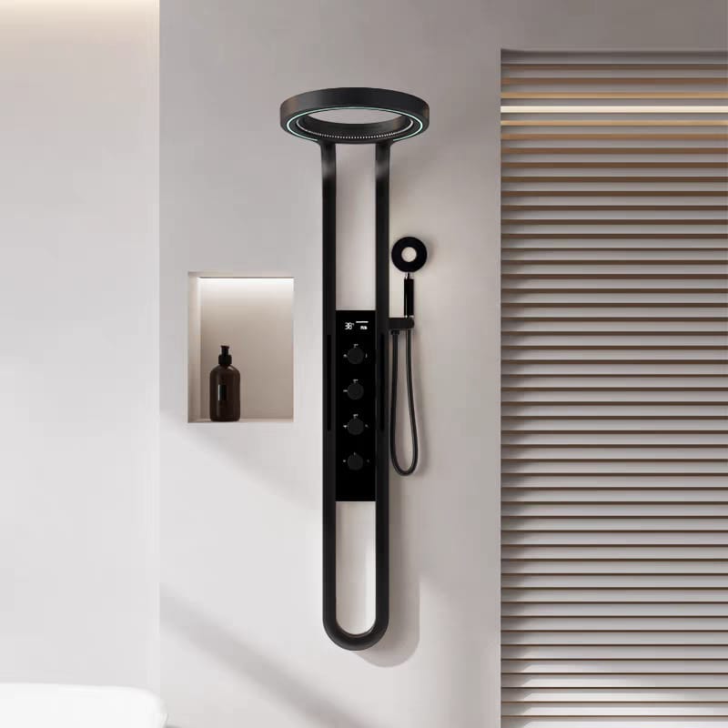 Luxury Ceiling Rainfall Shower System with LED Ambient Light & Digital Display, Copper Bathroom Shower Set with Booster Waterfall Spray Panel