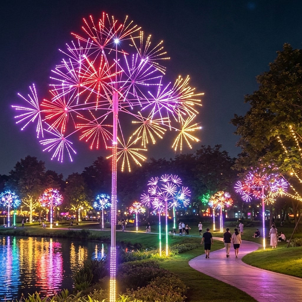 Large RGB firework tree landscape light beside a park walkway