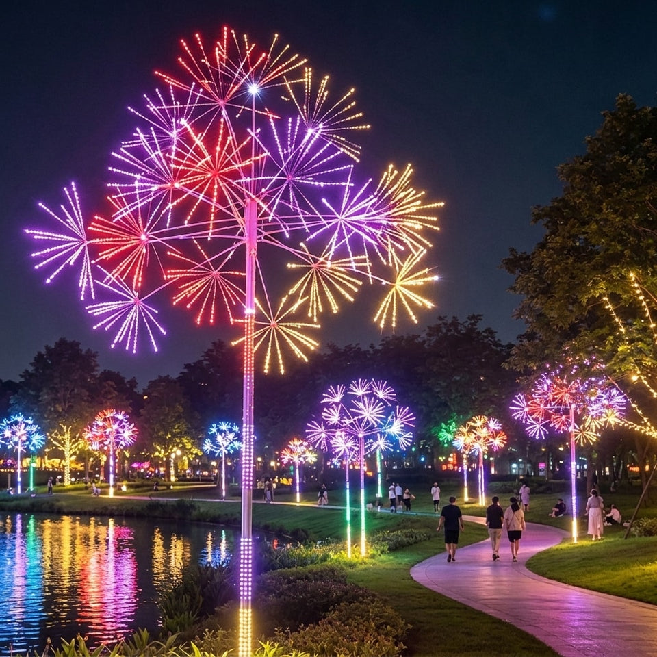 Large RGB firework tree landscape light beside a park walkway