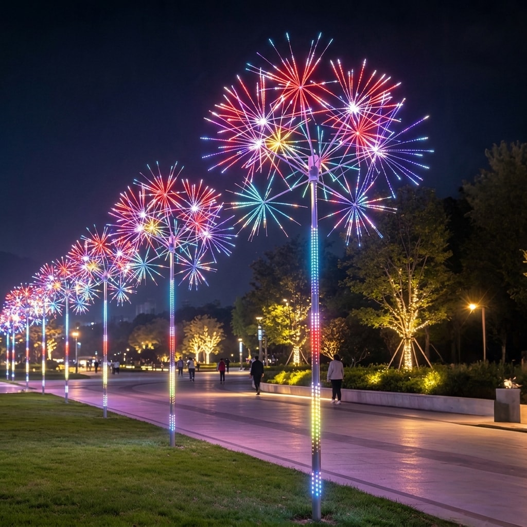 VLEEE RGB LED firework tree landscape lights in an outdoor park