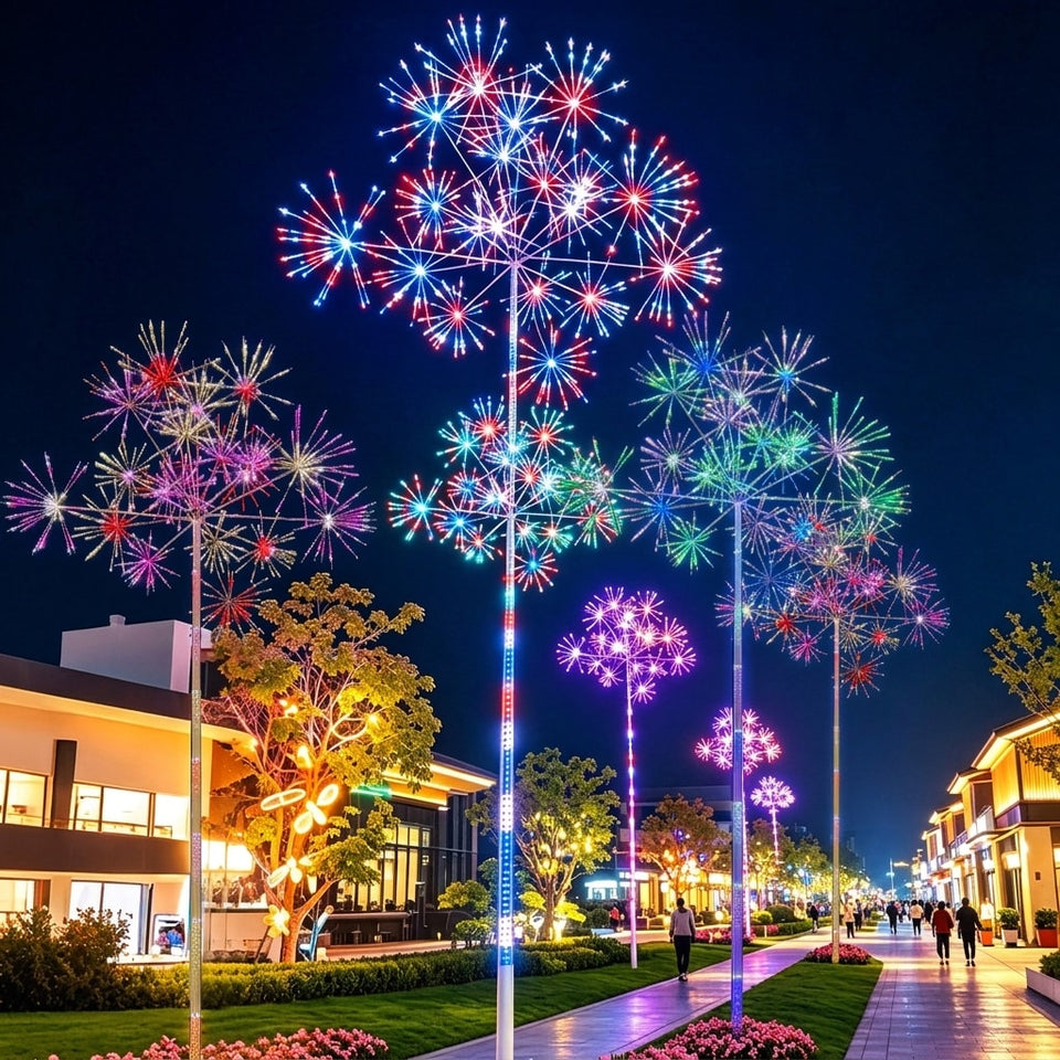 Color-changing LED firework tree lights for commercial landscaping