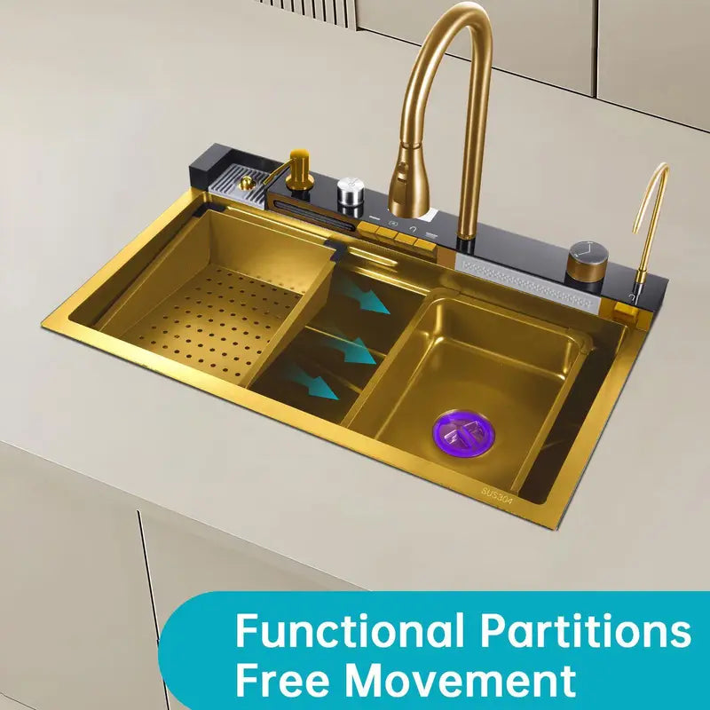 Gold Kitchen Workstation Sink with Waterfall Design, Temperature Display Faucet, Undermount Kitchen Sink