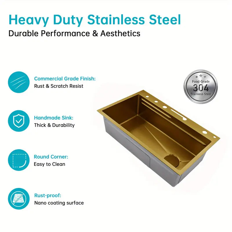 Gold Kitchen Workstation Sink with Waterfall Design, Temperature Display Faucet, Undermount Kitchen Sink