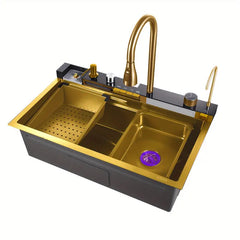 Gold Kitchen Workstation Sink with Waterfall Faucet and Temperature Display