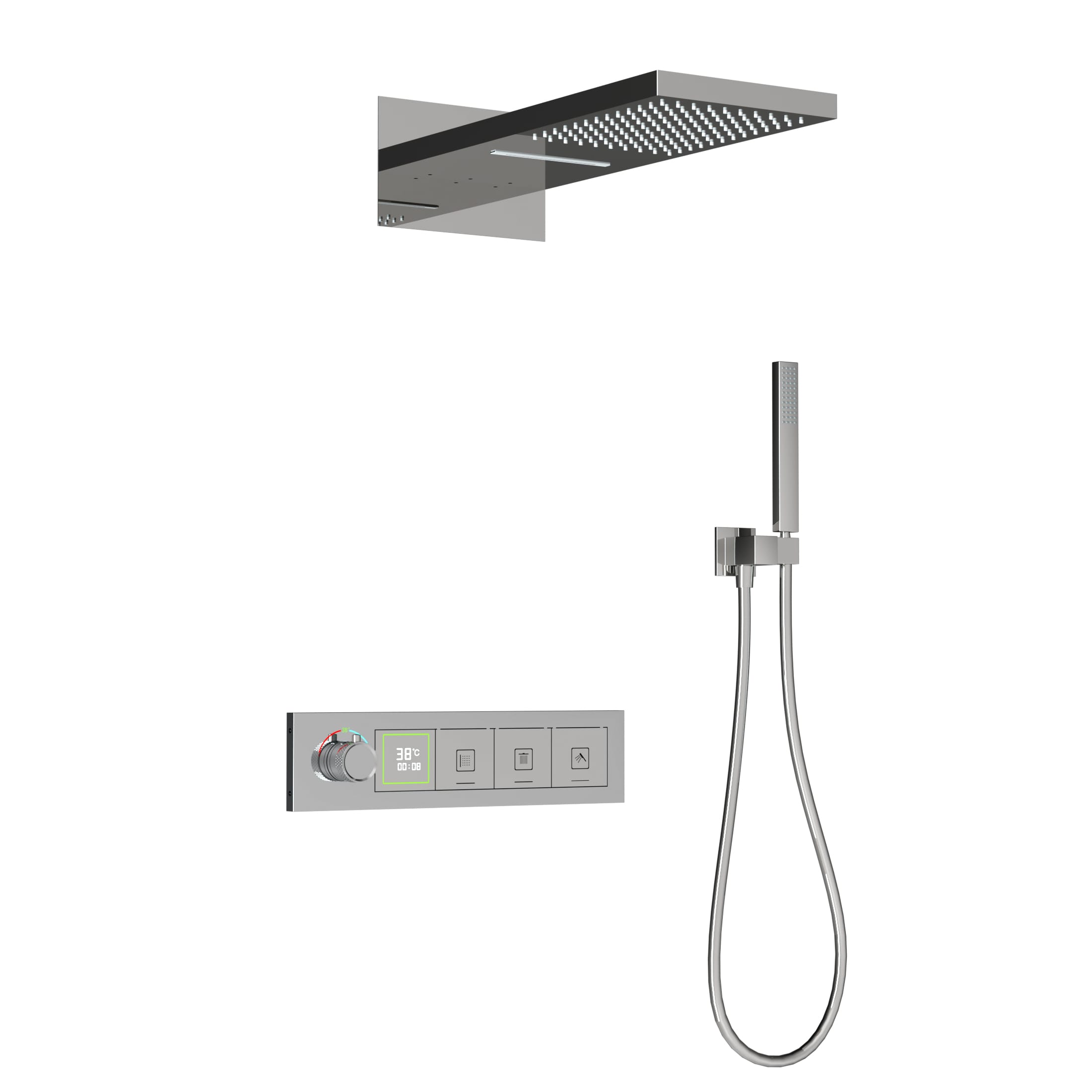Xylivingstore Concealed Brass Thermostatic LED Display Shower Set – Ceiling Rainfall & Wall-Embedded Button Mixer for Bathroom or Hotel